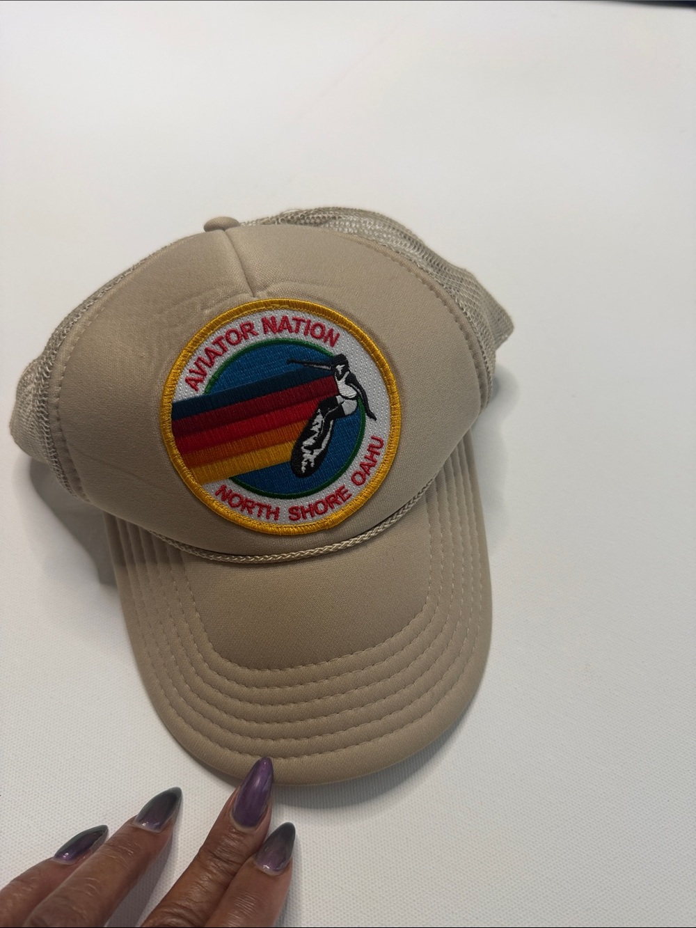 Aviator Nation Beige Trucker Hat with Rainbow North Shore Patch